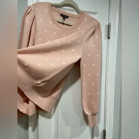 NWT Adrianna Papell Size 3X Pink White Polka Dot Knit Puff Sleeve Crew Sweater - Picture 3 of 12